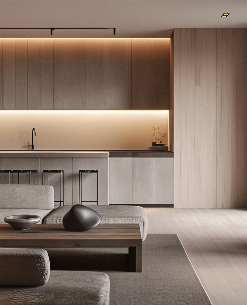Cucina moderna in stile Japandi con illuminazione a LED dei profili ANTIG posizionati sotto pensili.