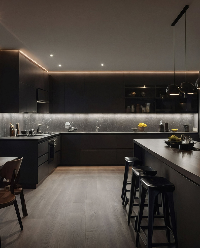 Cucina ultra moderna di colore nero, con isola e sgabelli, illuminata dai profili a LED TREP.