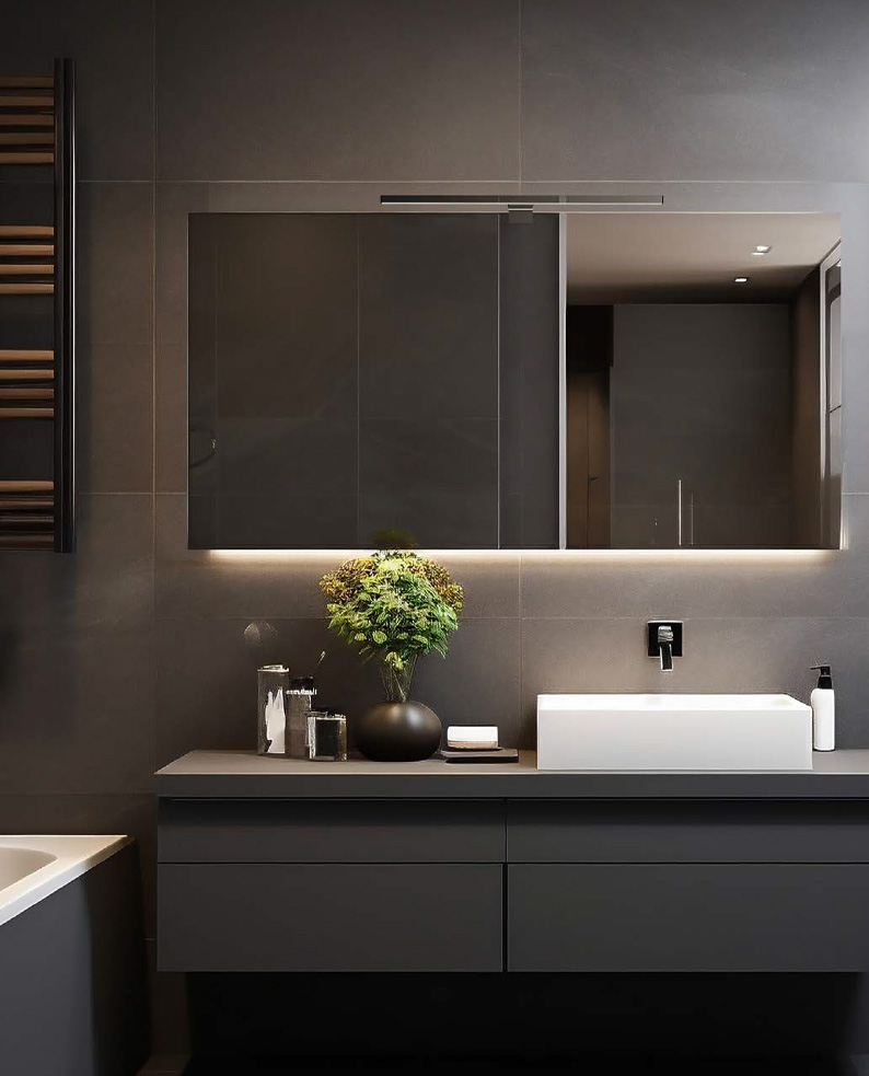 Bagno moderno dai colori scuri, con illuminazione a LED dell'applique BARID posizionato sopra lo specchio.