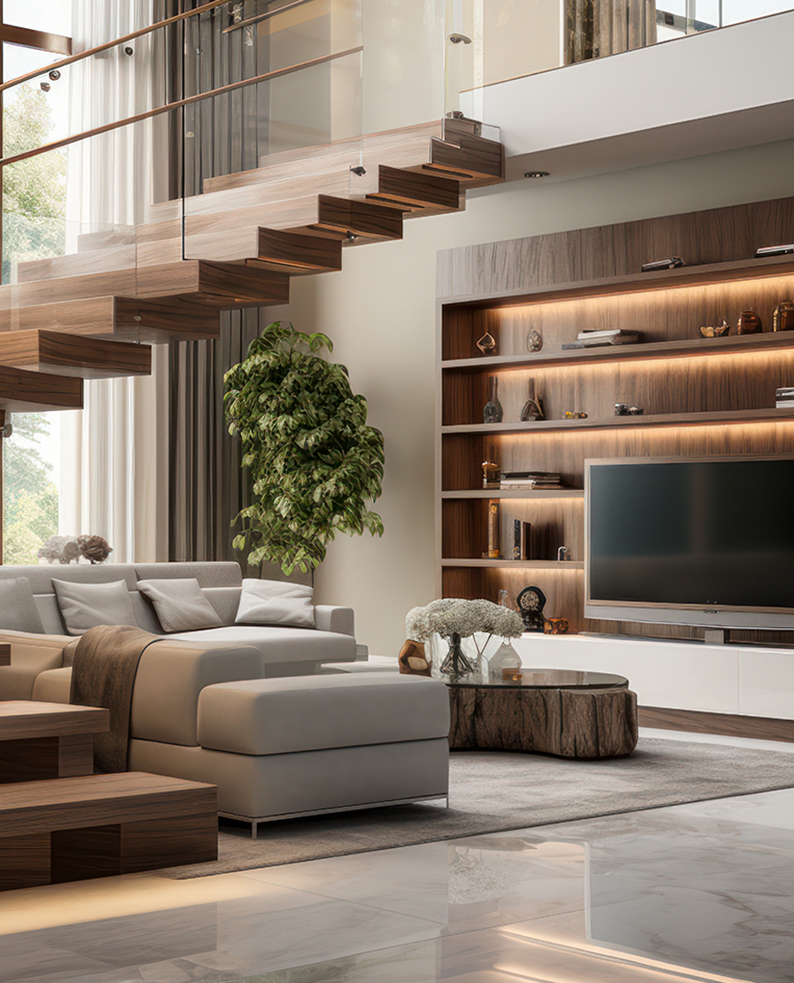 Salotto con scala in legno, divano grigio e parete con mobile in legno e mensole illuminate da profili a LED CUS.