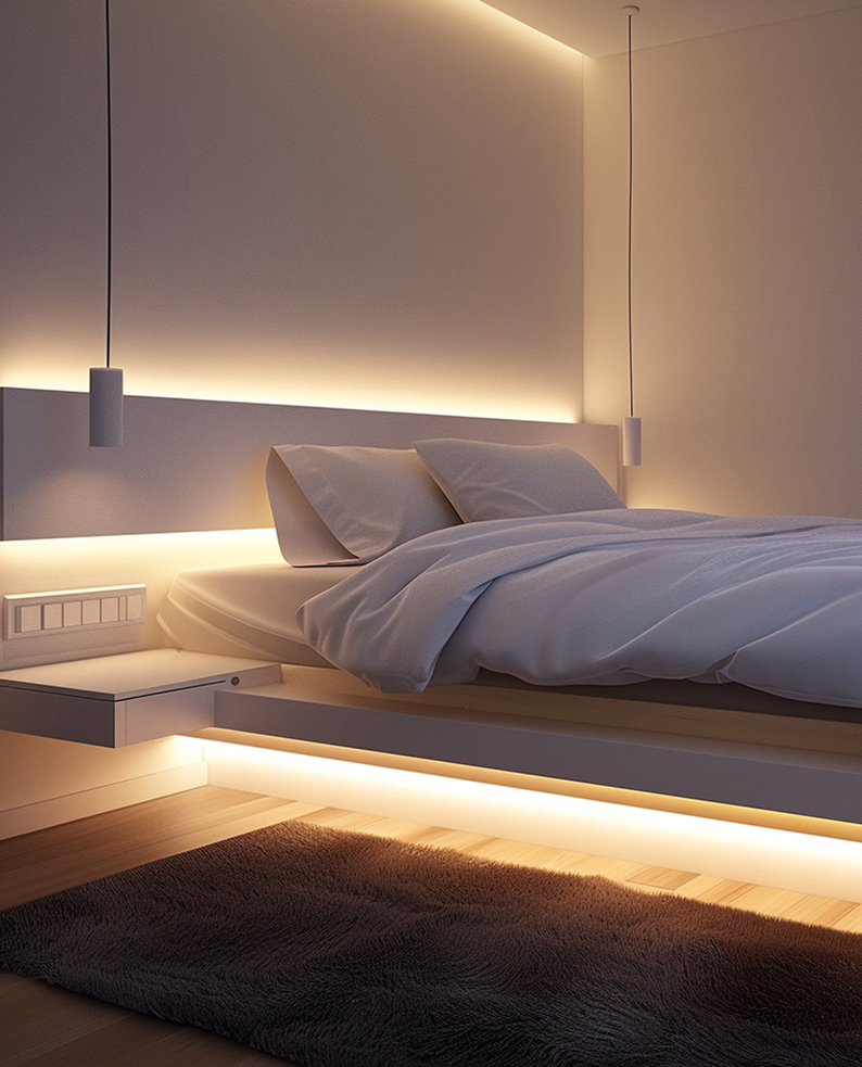 Camera da letto con letto sospeso, illuminata da profili a LED DODIS.