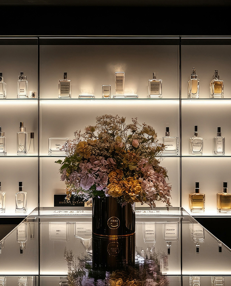 Bocette di profumo posizionate sulle mensole in vetro, illuminate dai profili EDGE. Vaso di fiori in primo piano.