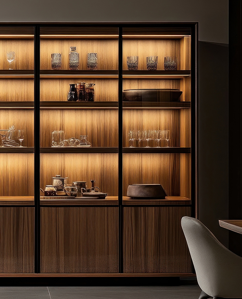 mobile moderno in legno con mensole illuminate dai profili a LED FRES di Zemis.