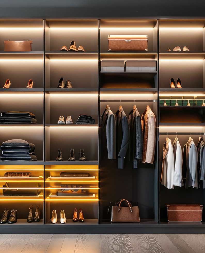 Moderna cabina armadio con vestiti appesi e scarpe posizionate sulle mensole. Illuminata dai profili a LED PELM posizionati al di sotto delle mensole.