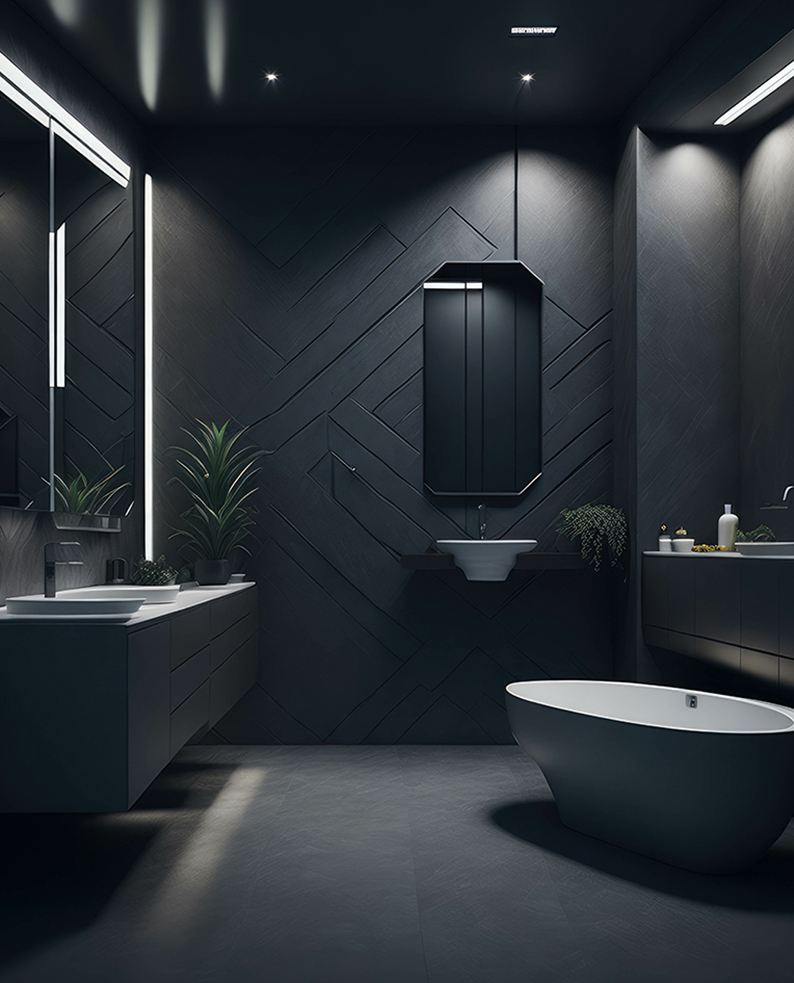 Bagno con pareti di colore nero e mobili di colore grigio scuro, illuminato dai profili a LED PLEA di Zemis.