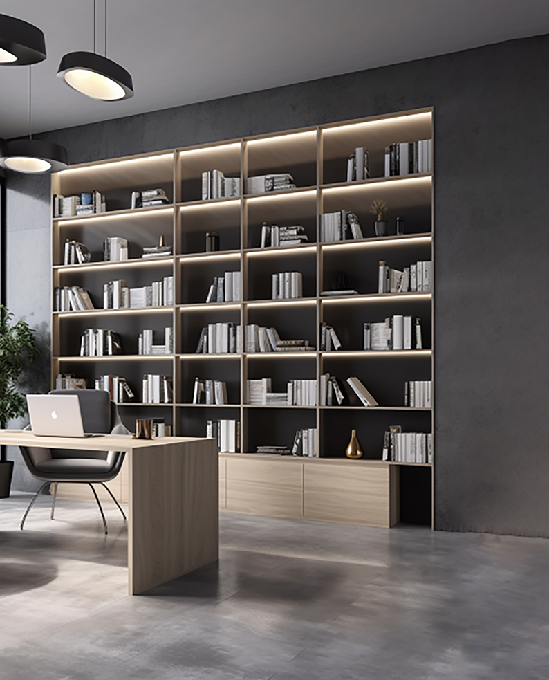 Ufficio all'interno di un appartamento ultra moderno, con scrivania e armadio in legno. le mensole sono illuminate dai profili a LED RAMPE.