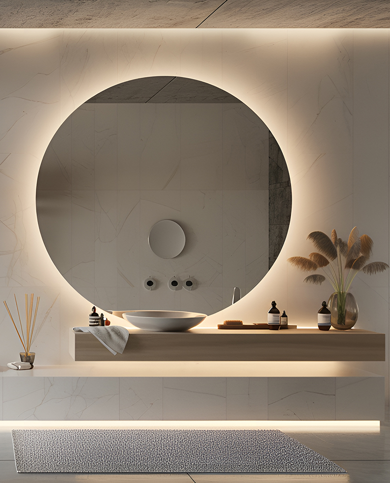 Bagno minimal con piano in legno sospeso e grande secchio rotondo illuminato dalla strip LED flessibile RIDU.
