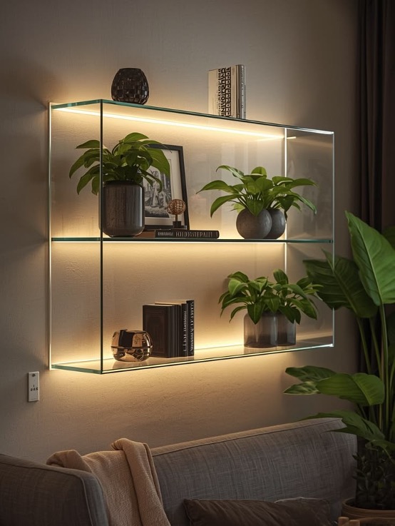 Strisce a LED integrate in mobile in vetro con mensole con piccole piante, libri e quadretto