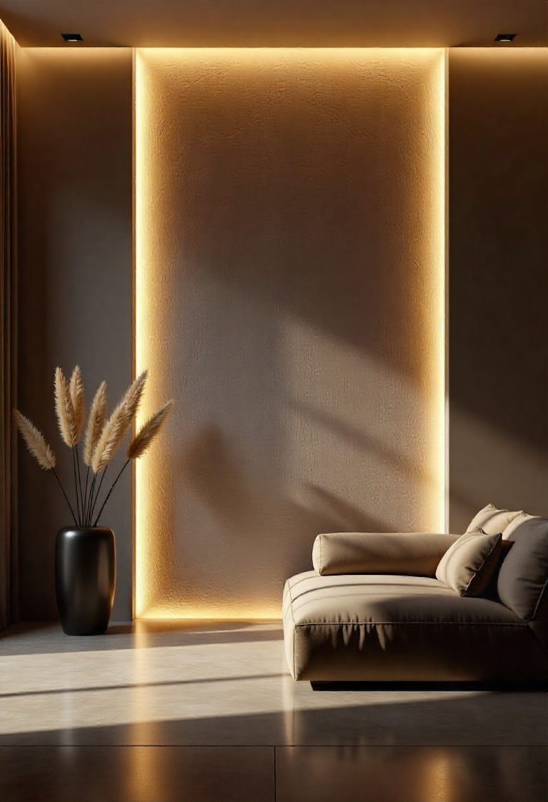Parete grigia con venature illuminata da strip led