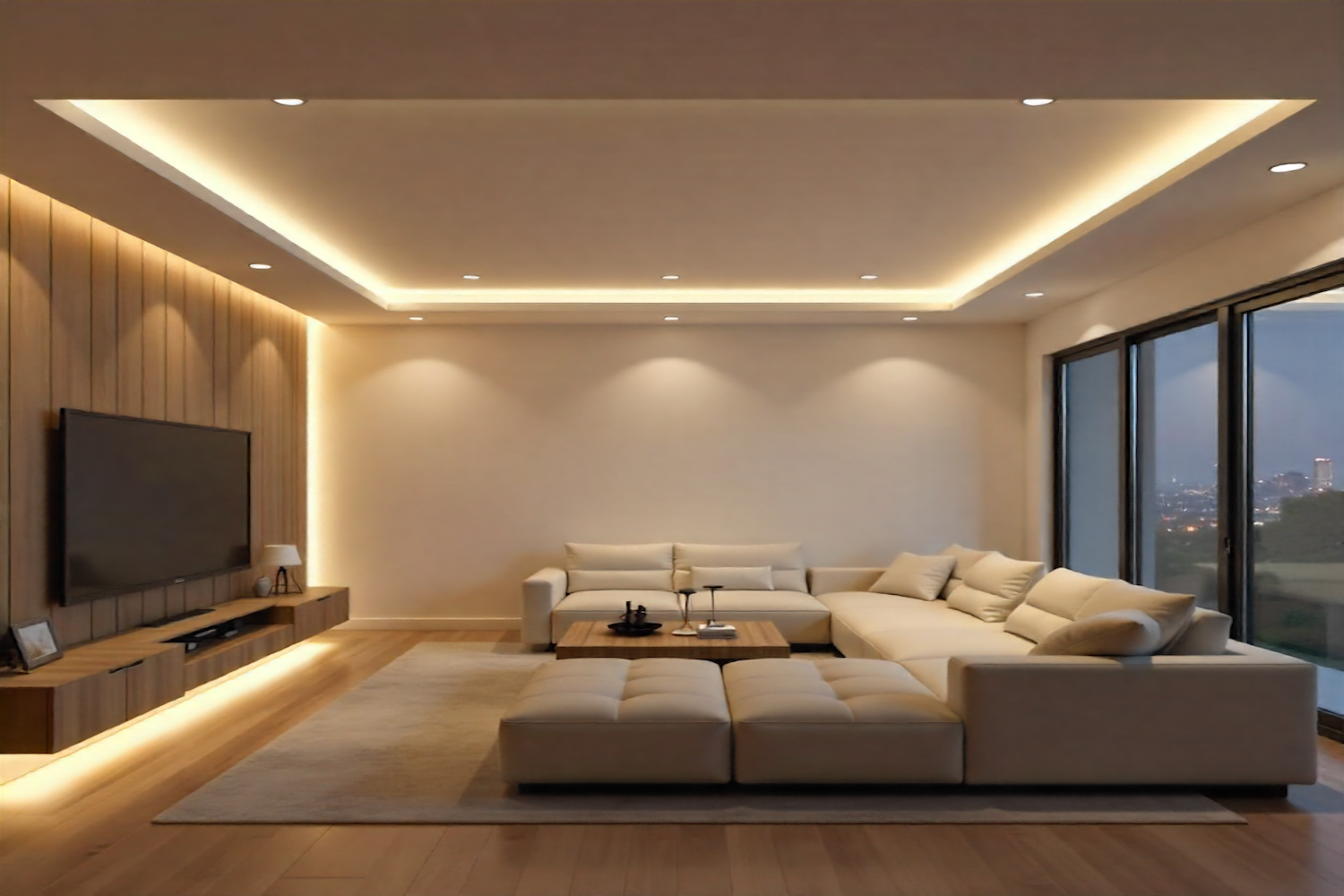 Salotto di una casa moderna con divano bianco e illuminazione integrata